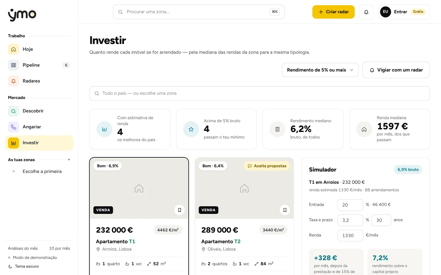 Ecrã Investir da app YMO: imóveis ordenados por rendimento, com simulador