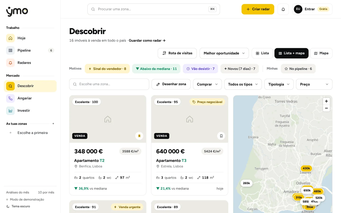 Ecrã Descobrir da app YMO: lista de imóveis e mapa