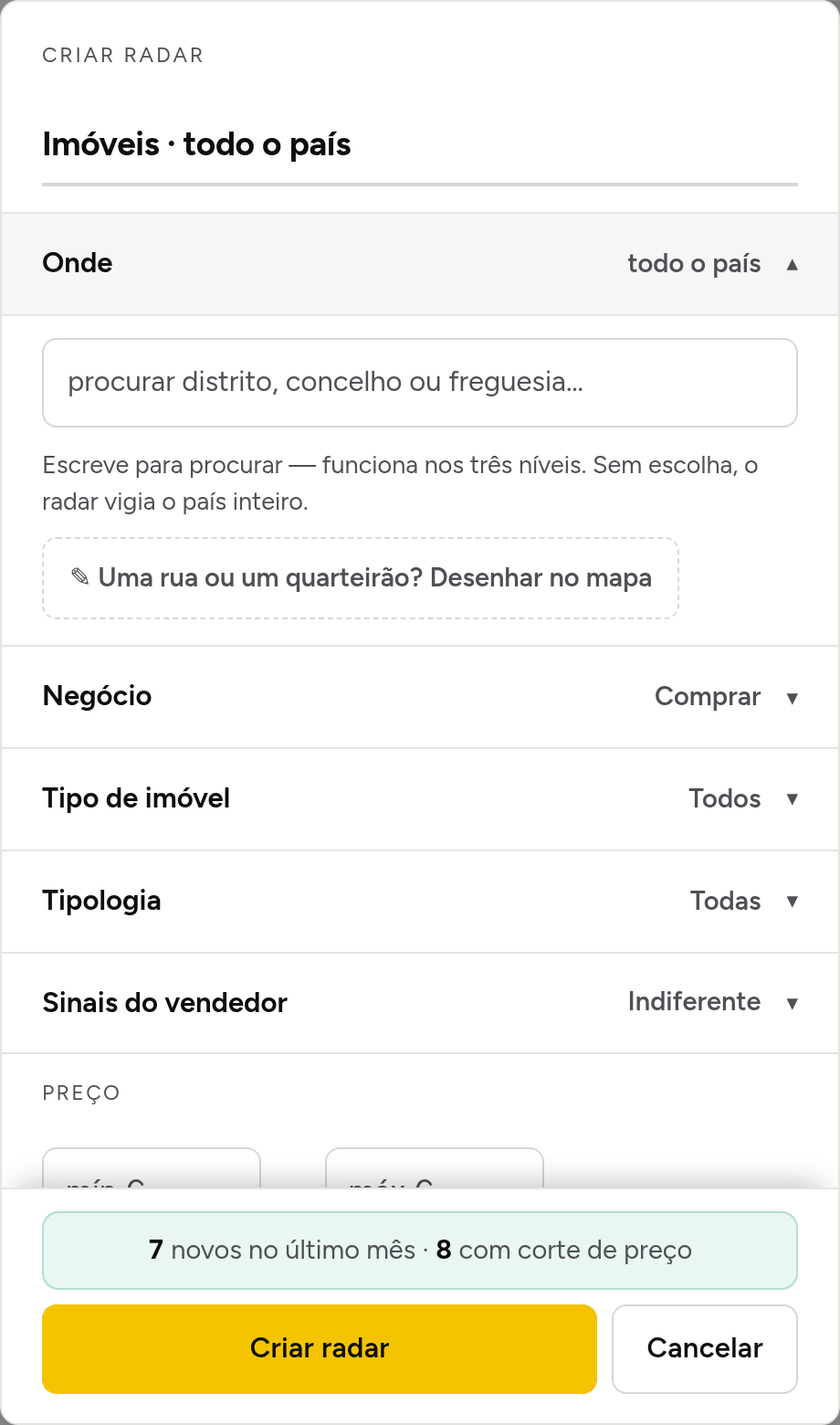 A folha de criação de um radar na aplicação YMO: zona por distrito, concelho ou freguesia, negócio, tipo de imóvel, tipologia, sinais do vendedor, preço — e o backtest do último mês antes de guardar